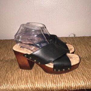Black Leather platform clog Wooden block Heel boho Sandals